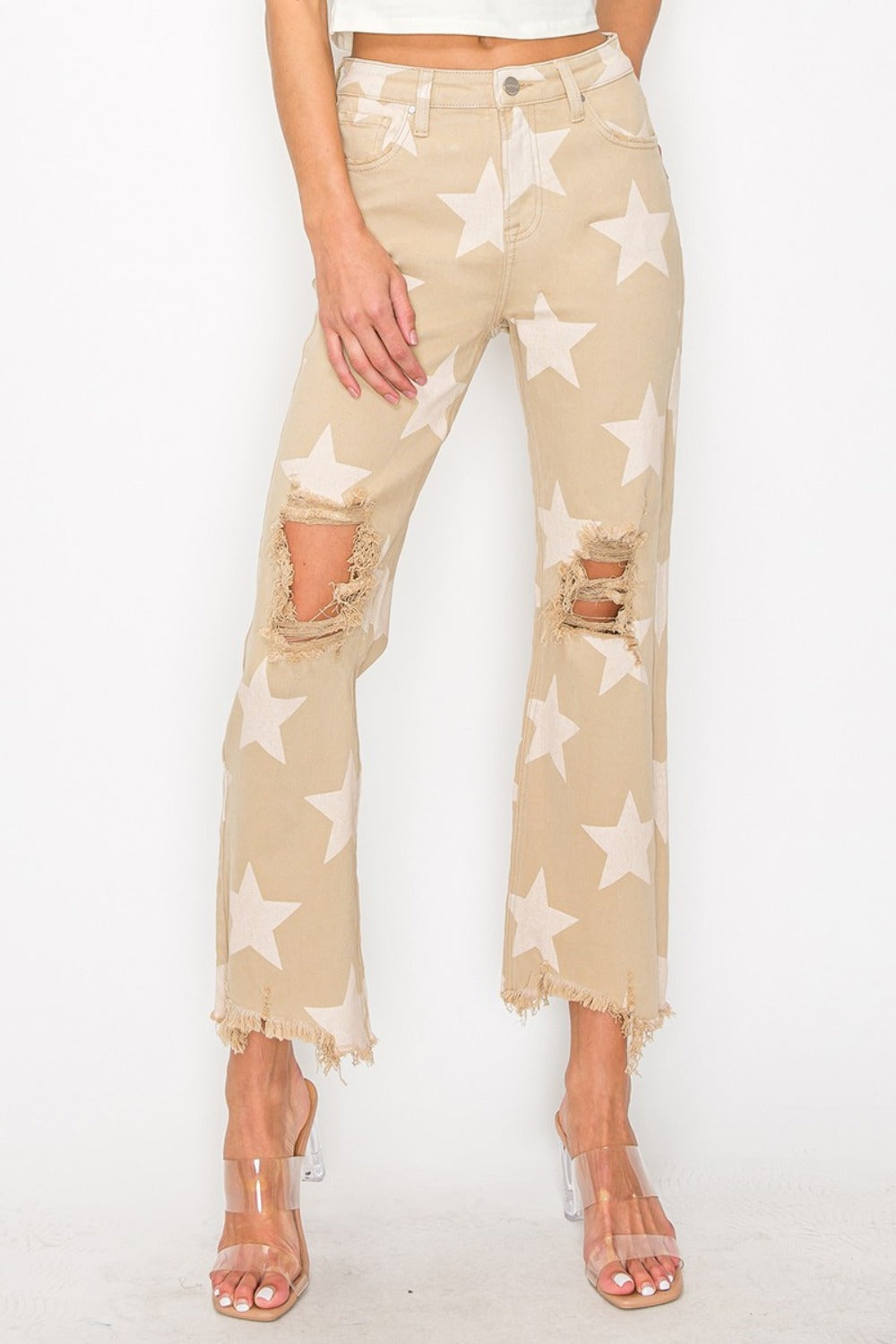 RISEN Full Size High Rise Star Printed Frayed Hem Jeans