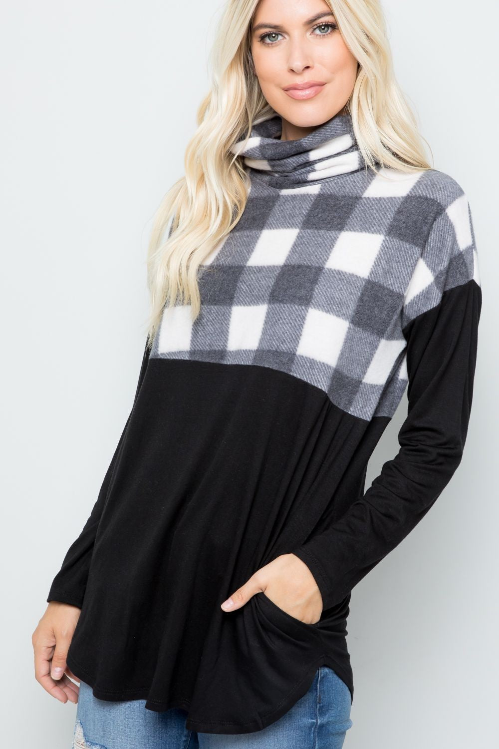 Celeste Full Szie Pocketed Plaid Turtleneck Long Sleeve Blouse