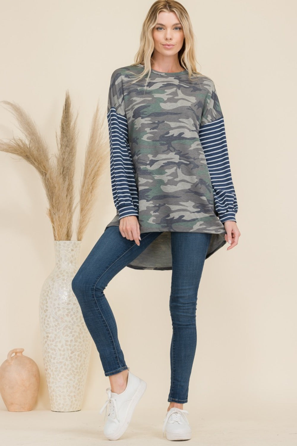 Celeste Full Size Camo Print High-Low T-Shirt with Stripe Sleeves