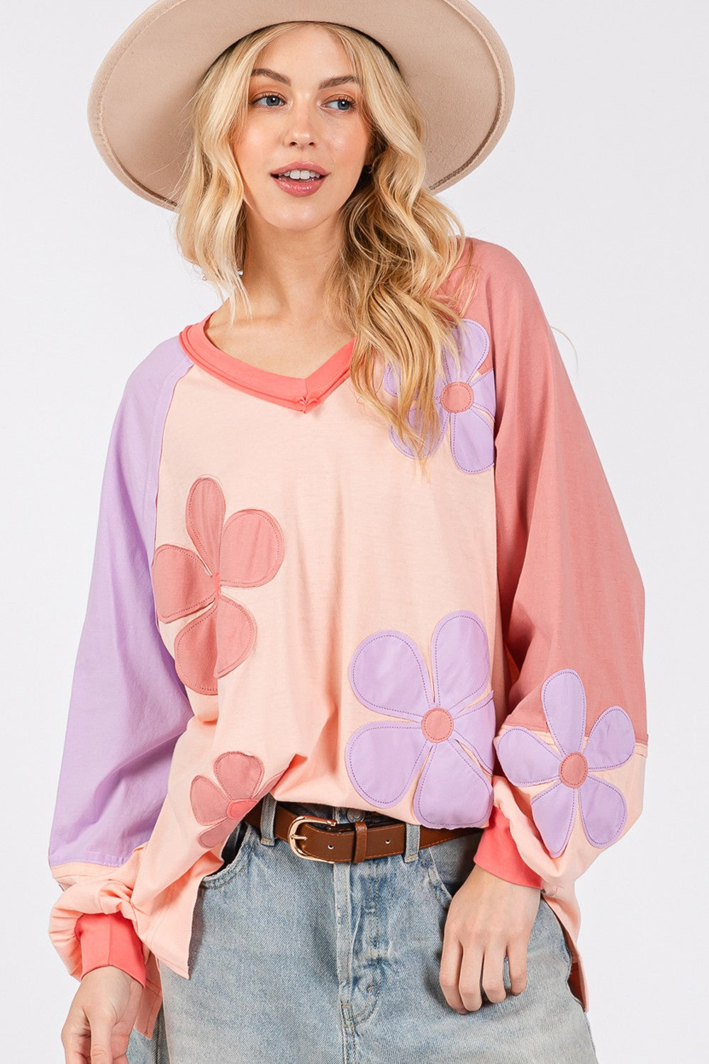 SAGE + FIG Full Size Daisy Applique Patch Color Block Long Sleeve Top