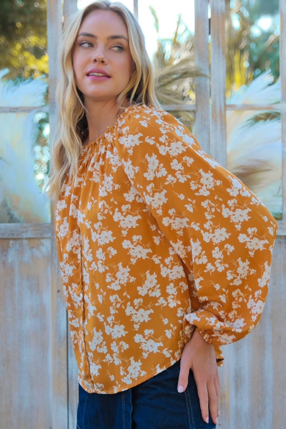 Hailey & Co Floral Off-Shoulder Balloon Sleeve Blouse