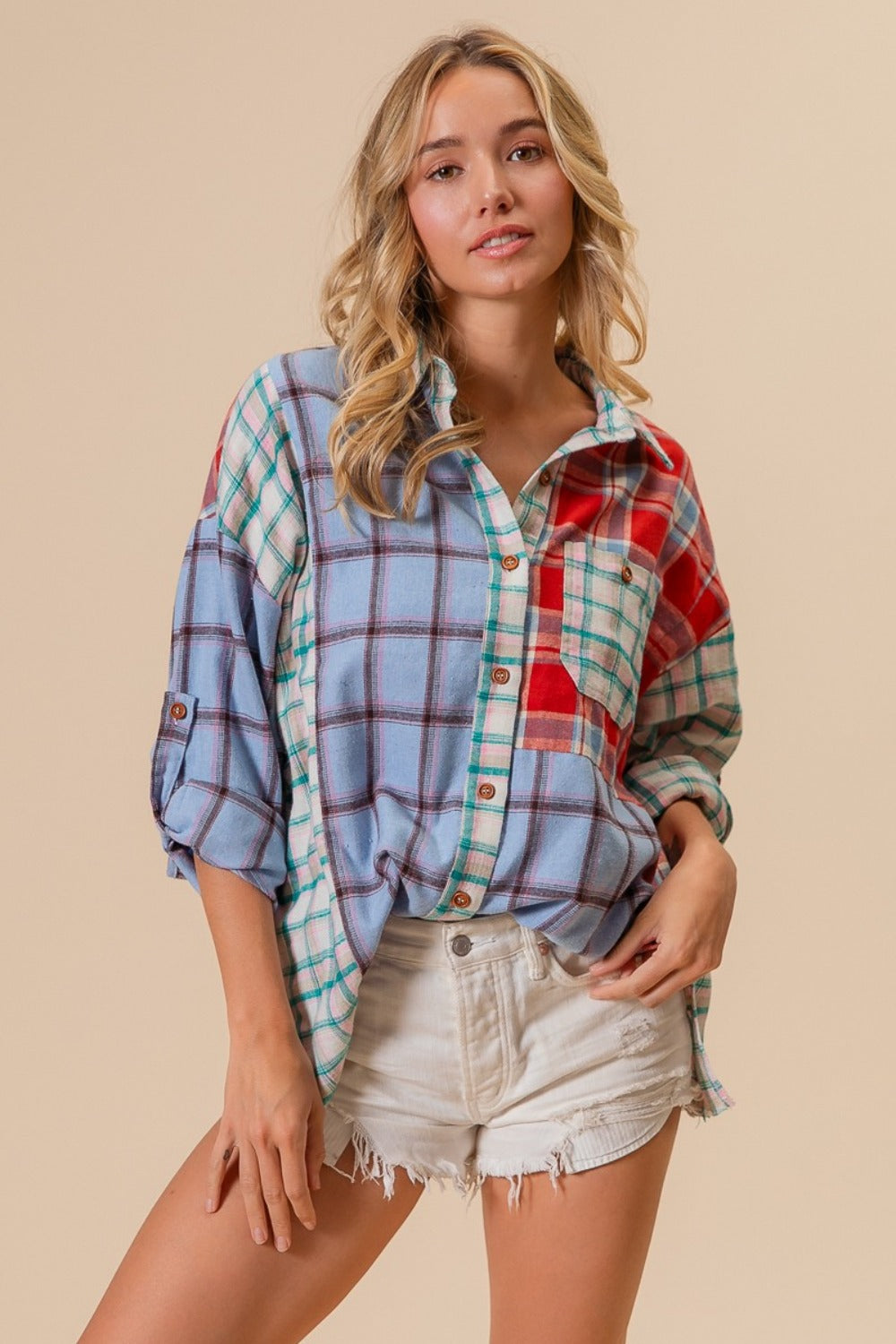 BiBi Color Block Plaid Button Down Shirt