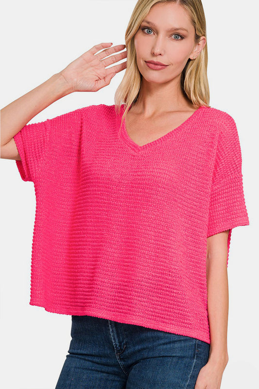 Zenana Drop Shoulder Short Sleeve Jacquard Knit Top