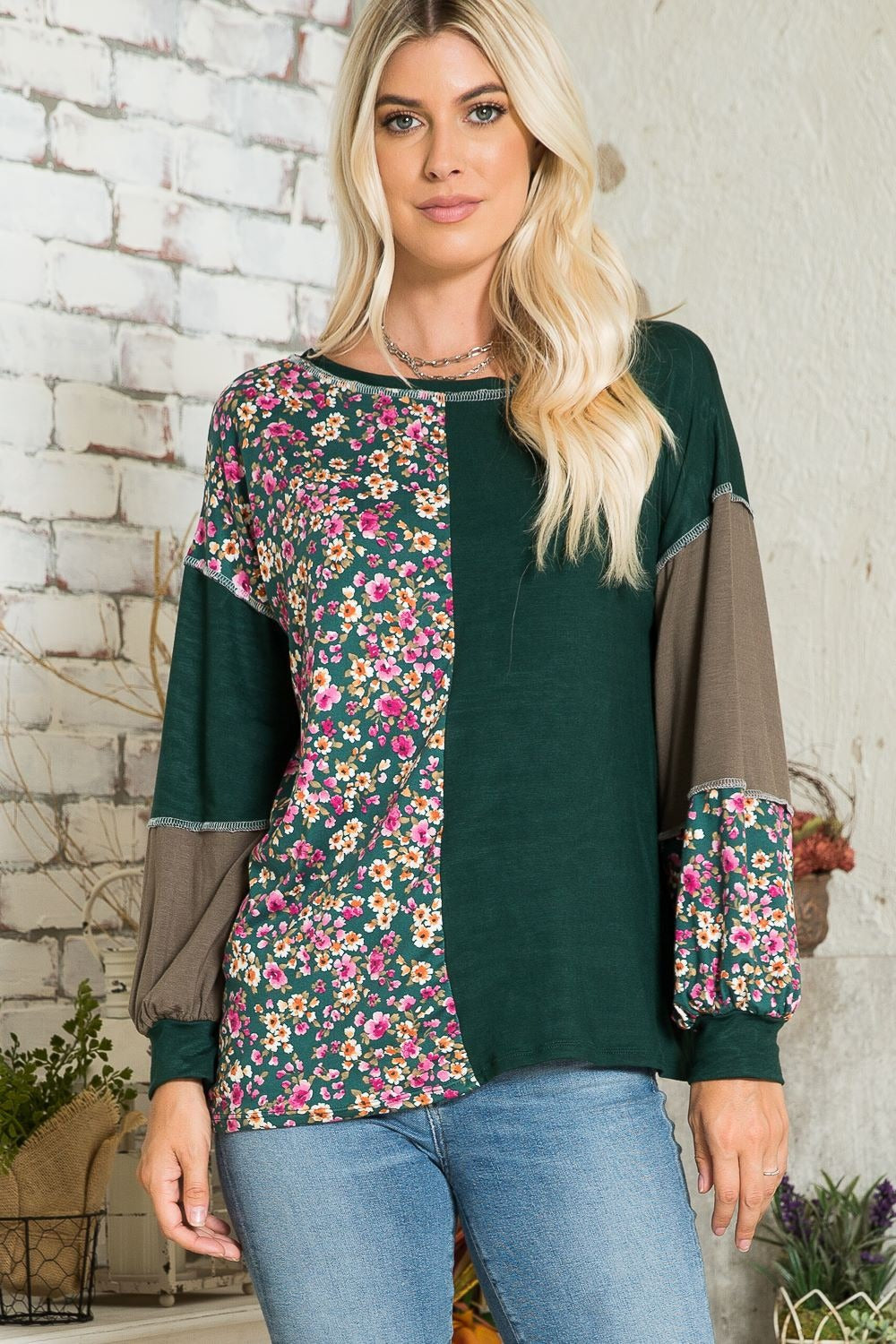 Celeste Full Size Floral Color Block Exposed Seam T-Shirt