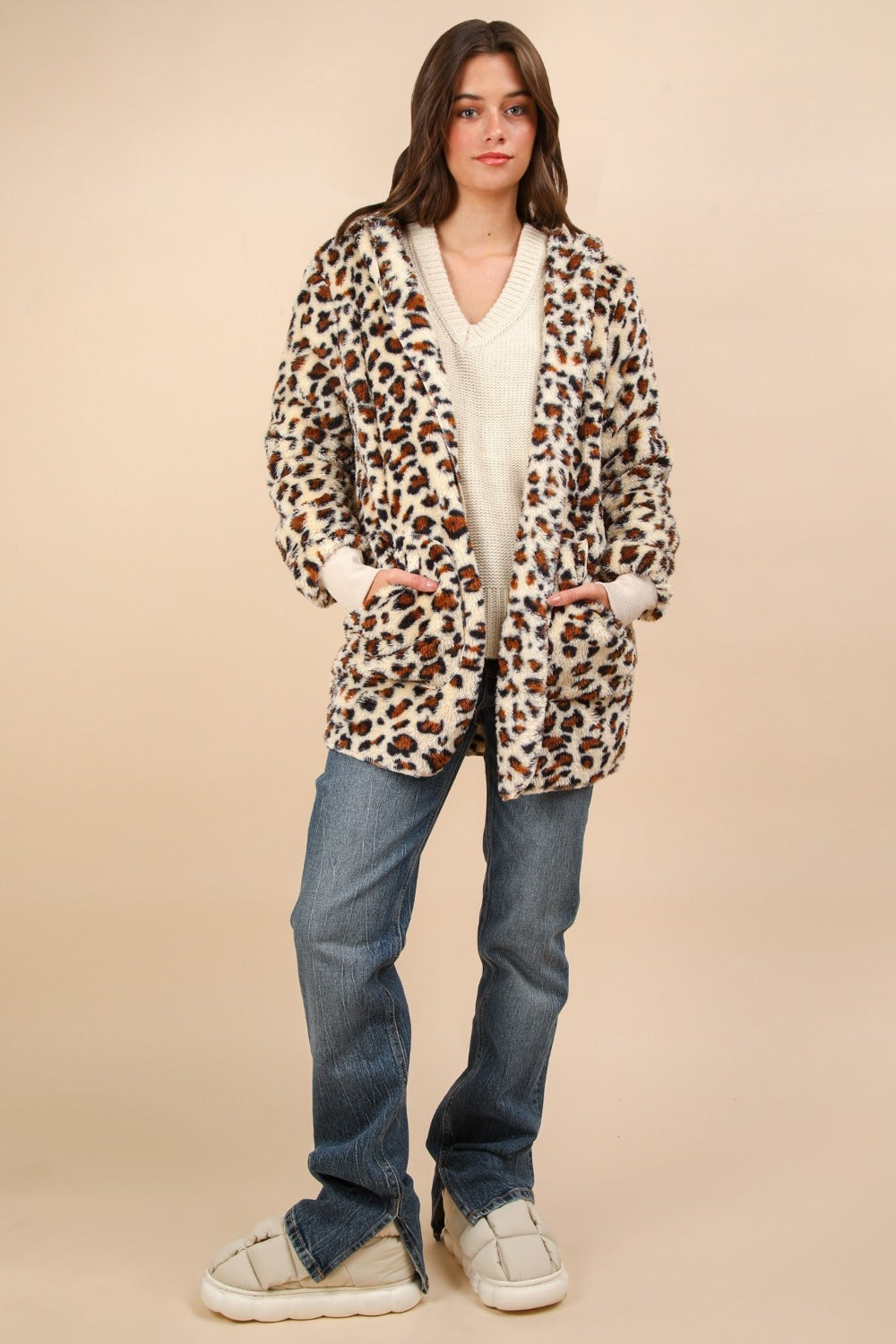 VERY J Fuzzy Leopard Long Sleeve Hooded Jacket