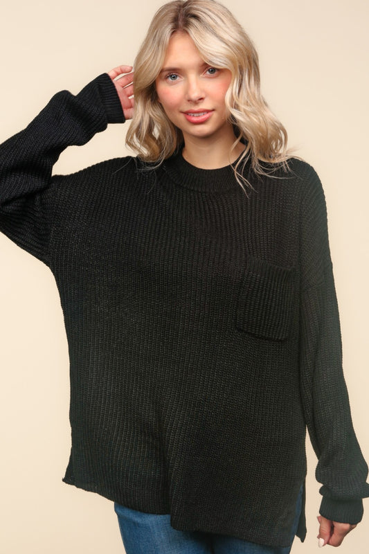 Haptics Mock Neck Side Slit Knit Top